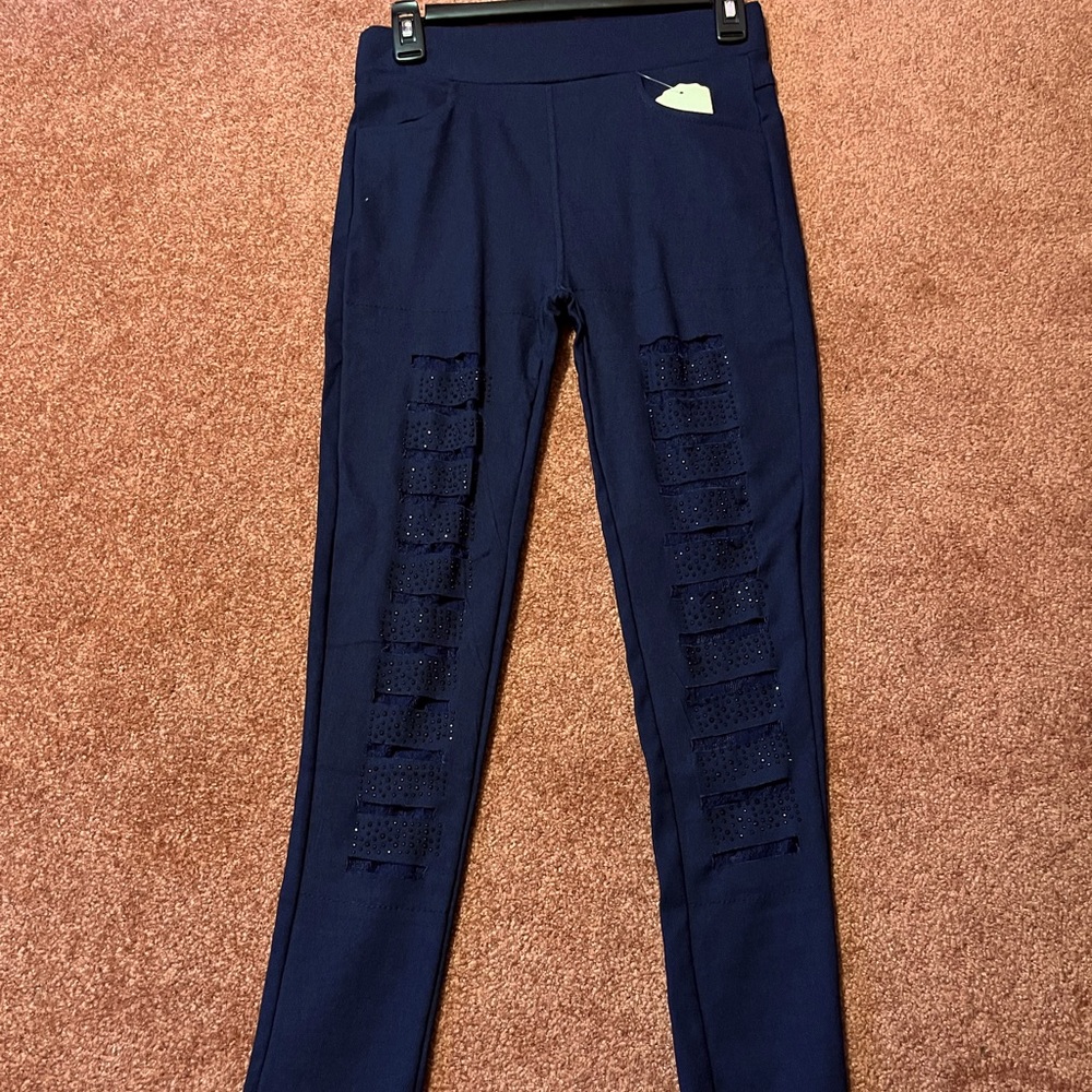 Navy blue Jeggings with decorative jeweled slits
